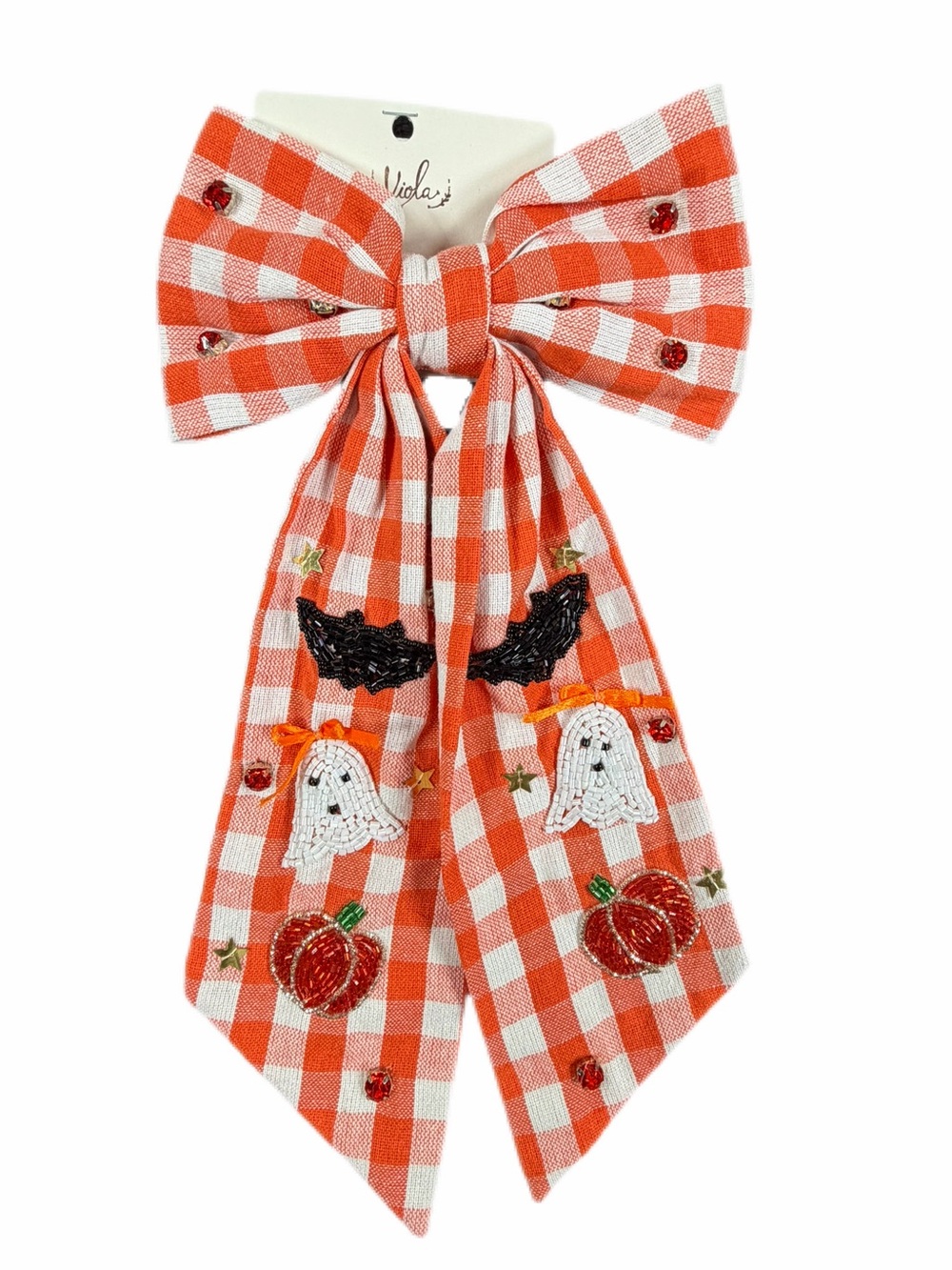 NWT VOILA Orange and White Gingham Beaded Halloween Hair Bow
